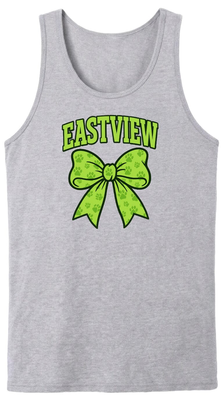 A gray tank top with a green bow and paw prints printed on it.