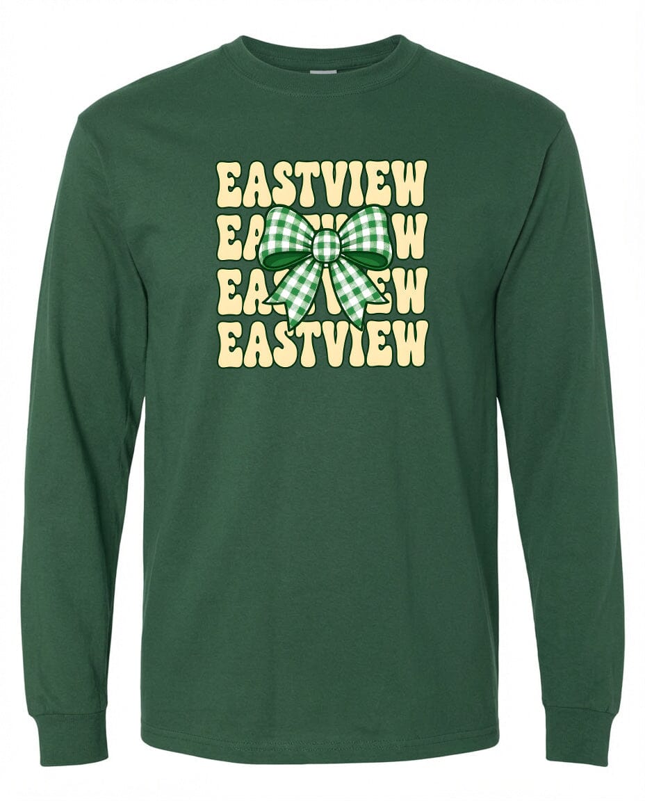 A green long-sleeved shirt with a graphic design featuring a green and white checkered bow and the text "EASTVIEW" repeated in a vertical pattern.