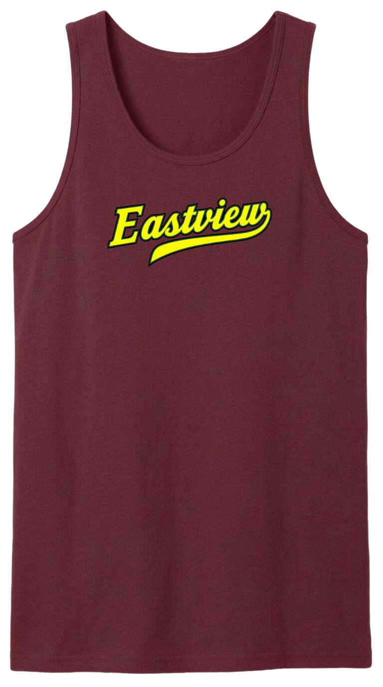 A maroon tank top with the word "Eastview" printed in yellow on it.