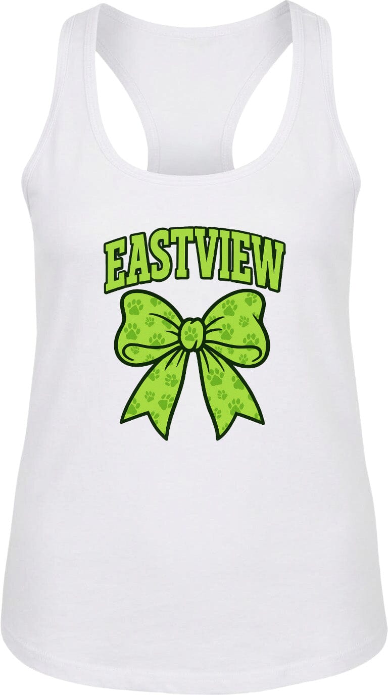 A white tank top with a green bow and the word "EASTVIEW" printed on it.