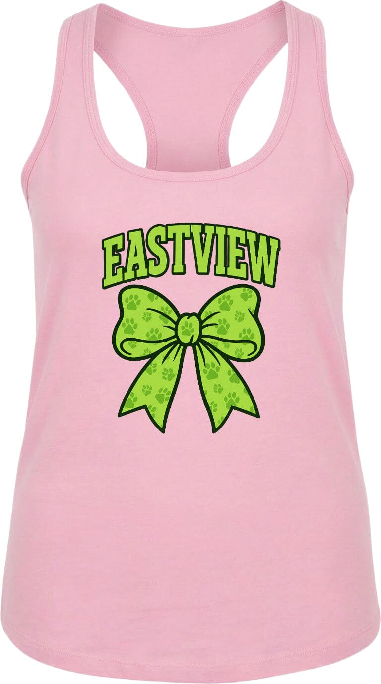 A pink tank top with a green bow and the text "EASTVIEW" printed on it.
