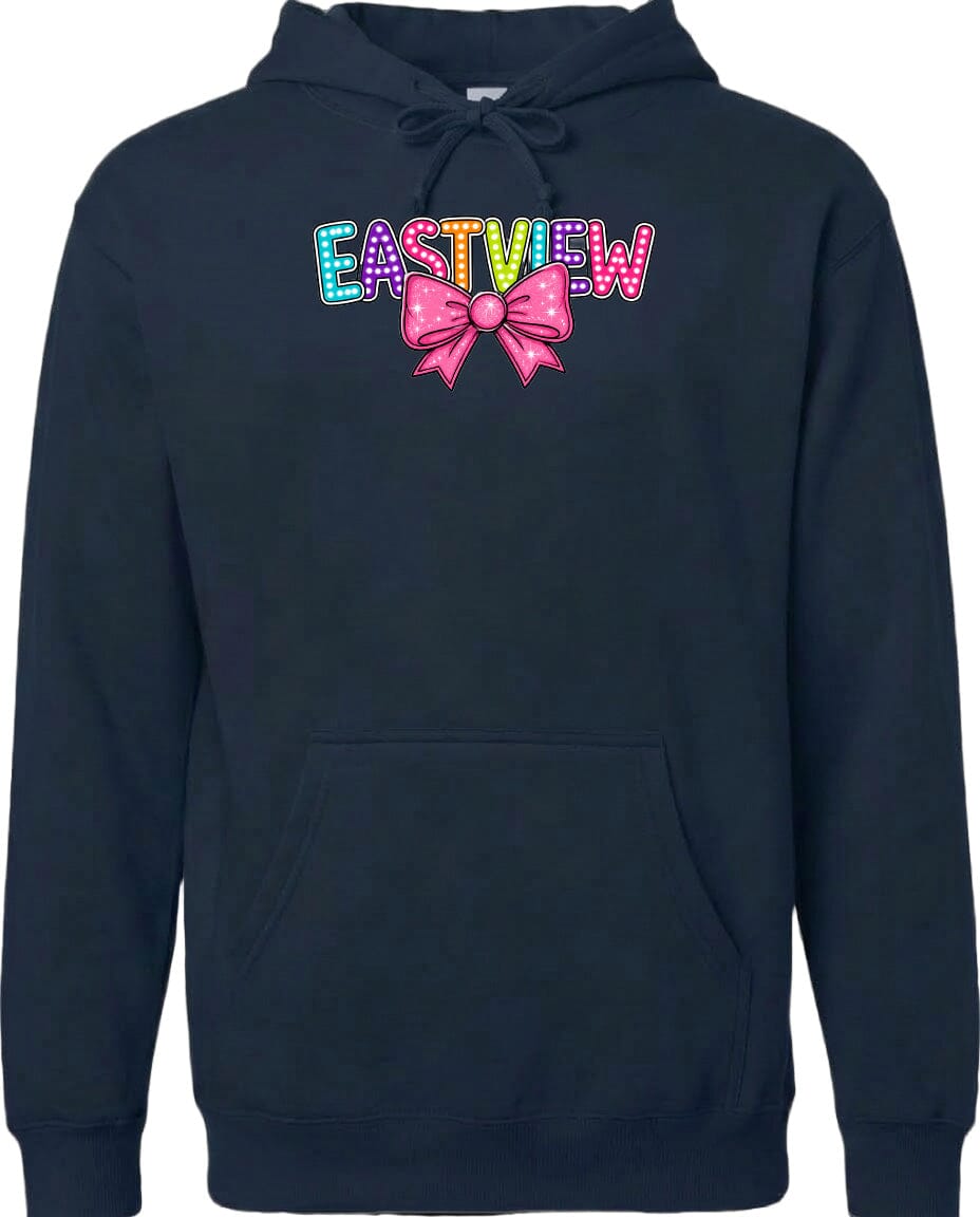 A black hoodie with a colorful bow and the word "EASTVIEW" printed on it.