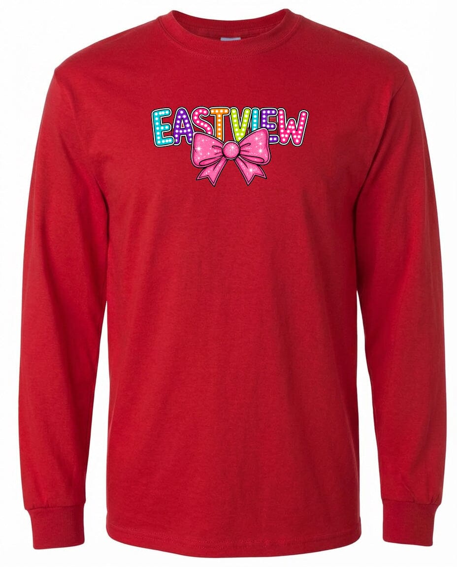 A red long-sleeved t-shirt with a colorful bow and the word "EASTVIEW" printed on it.