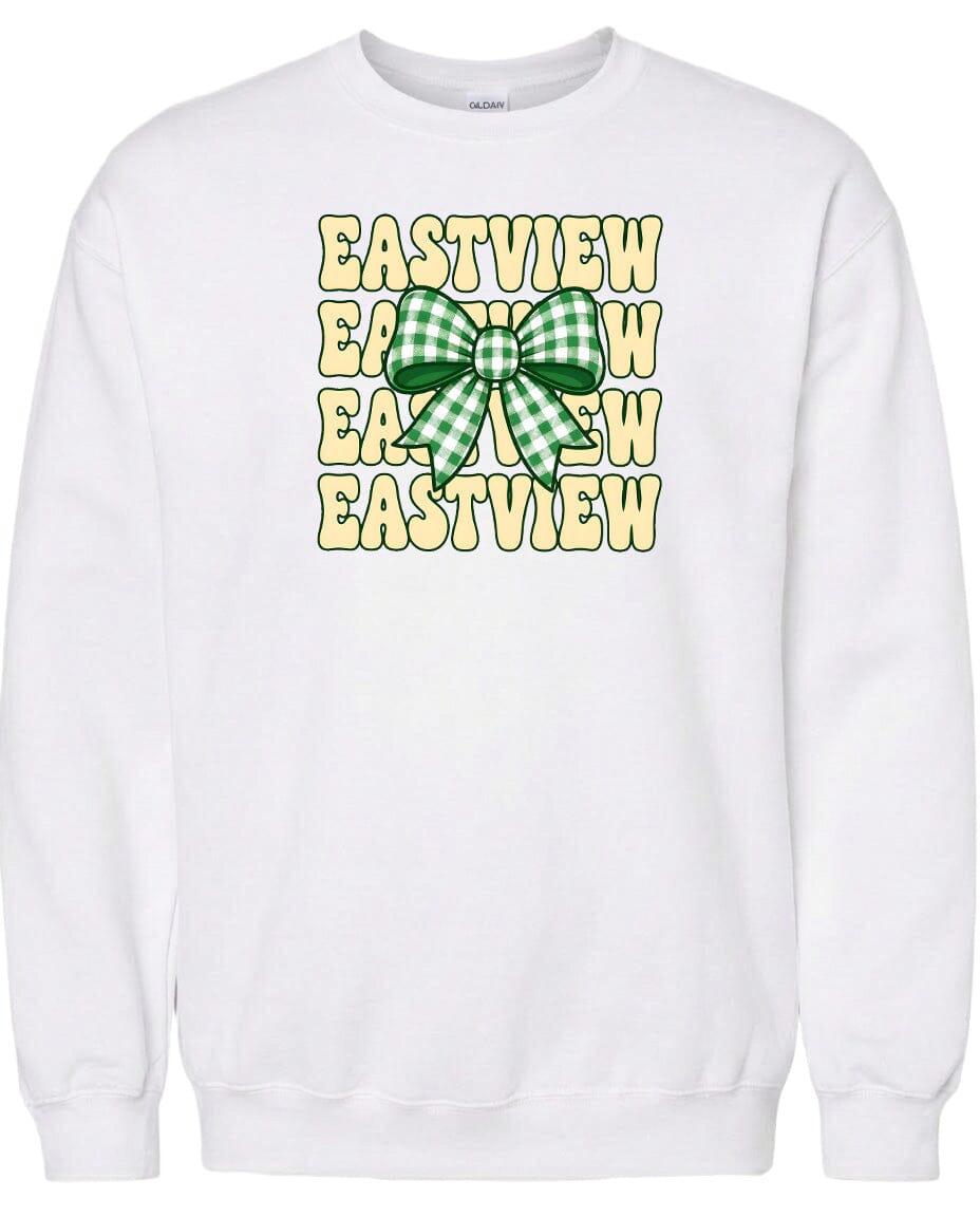 A white sweatshirt with a graphic design featuring a green and white checkered bow on the front.