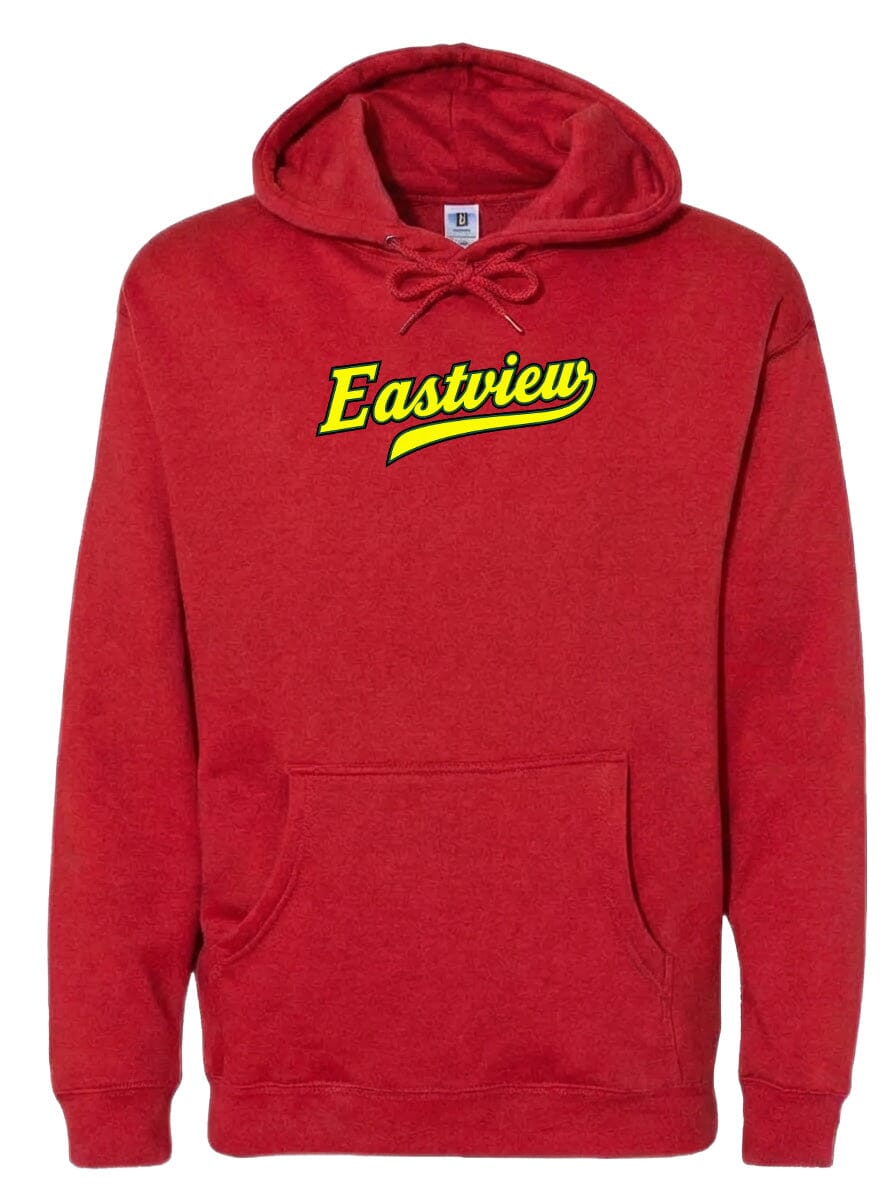 A red hoodie with the word "Eastview" printed on it in yellow text.