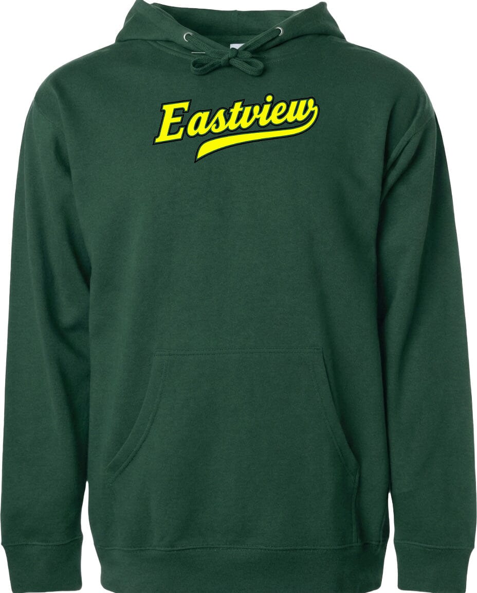 A dark green hoodie with a yellow logo on the front.