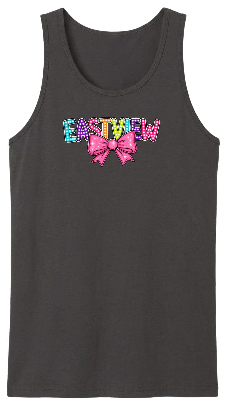A black tank top with the word "EASTVIEW" printed in colorful letters with a bow on the front.
