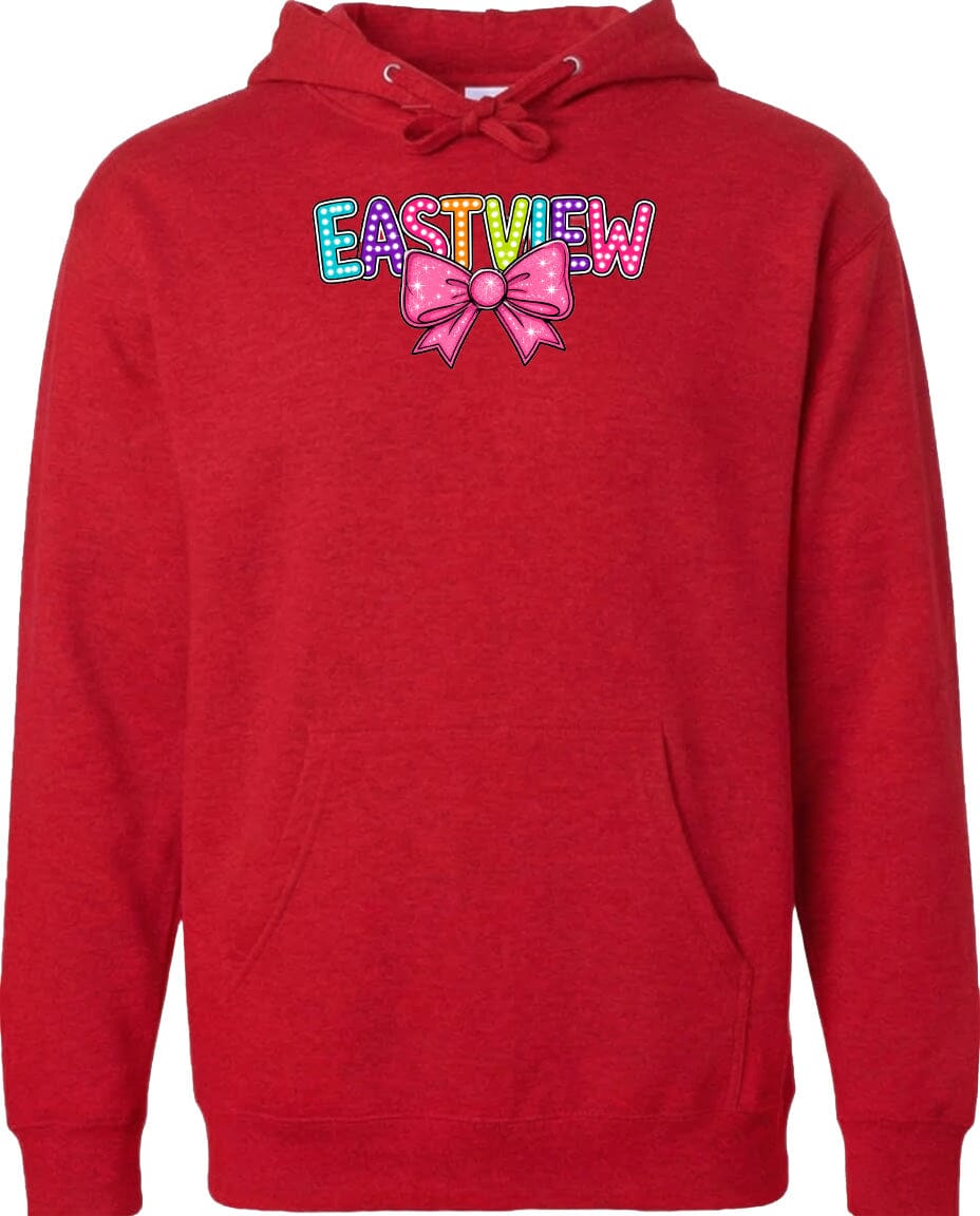 A red hoodie with the word 'EASTVIEW' printed on it, along with a bow graphic.