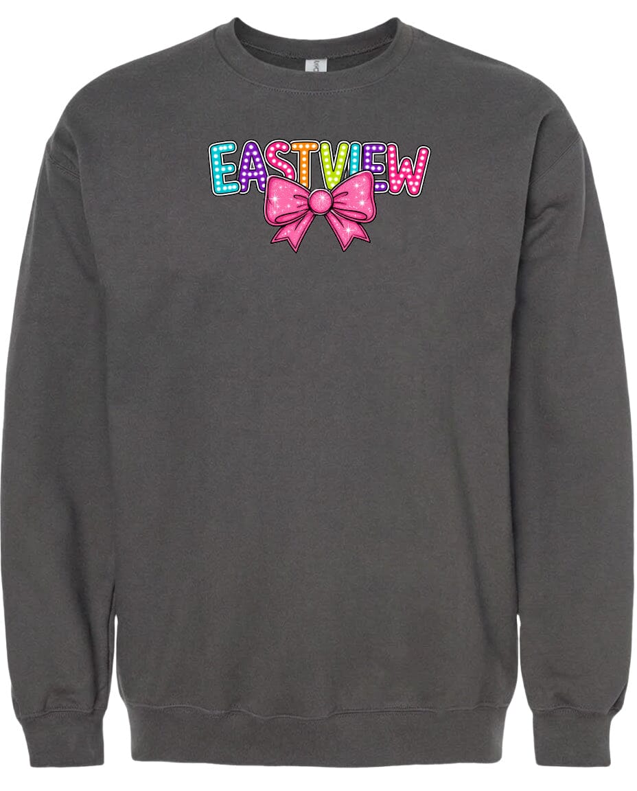 A gray sweatshirt with the word "EASTVIEW" and a bow printed on it.