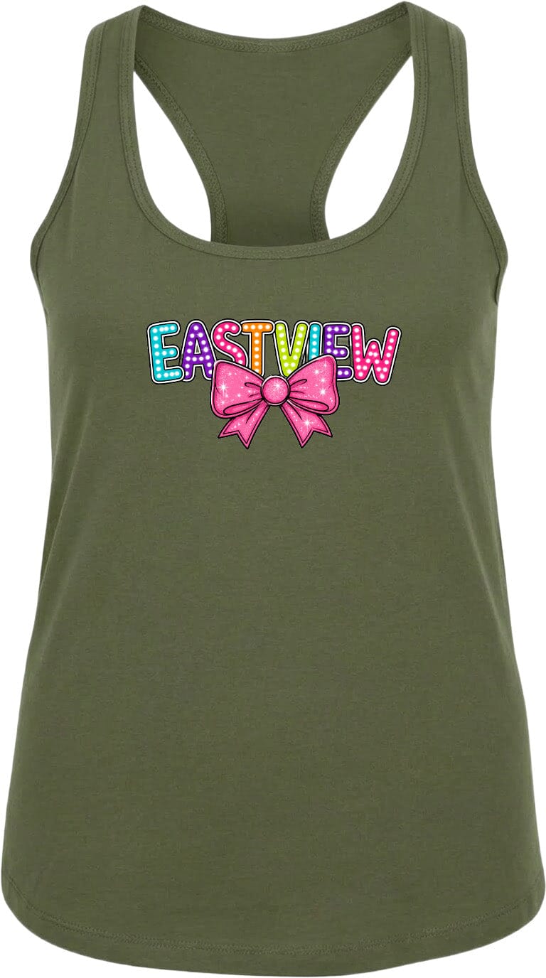 A green tank top with a bow and the word "EASTVIEW" printed on it.