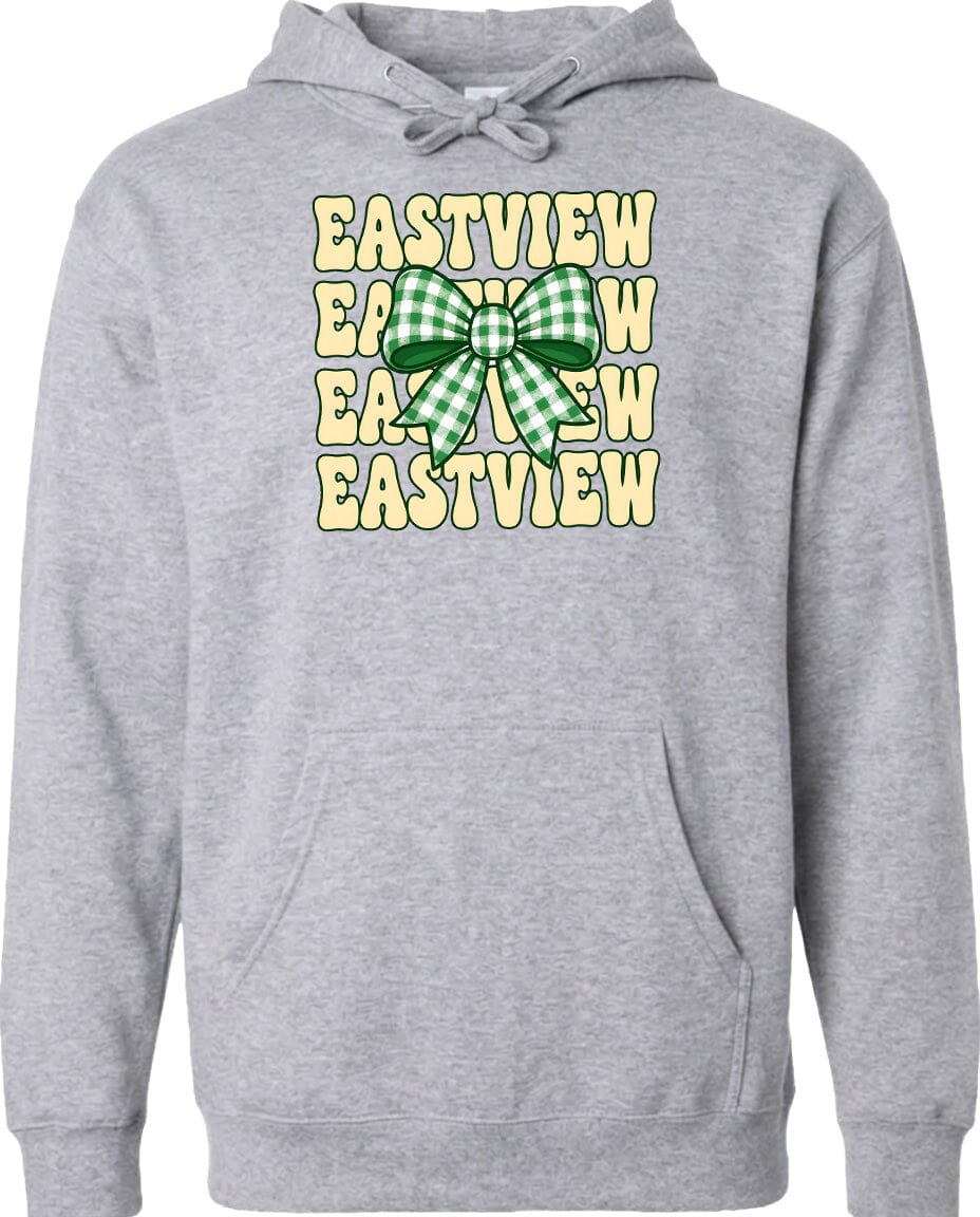 A gray hoodie with a graphic design featuring a green and white bow on the front.