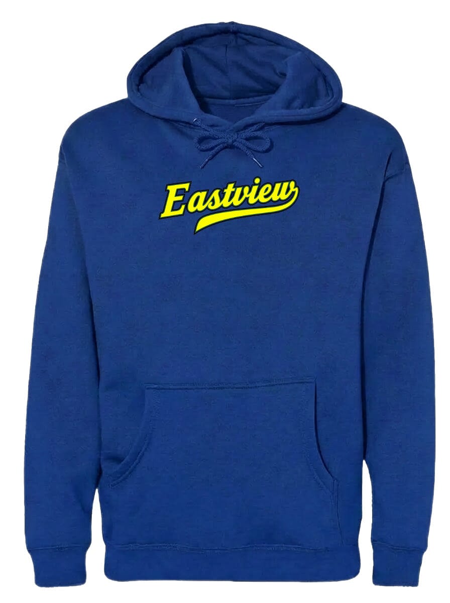 A navy blue hoodie with the word "Eastview" printed in yellow on the front.
