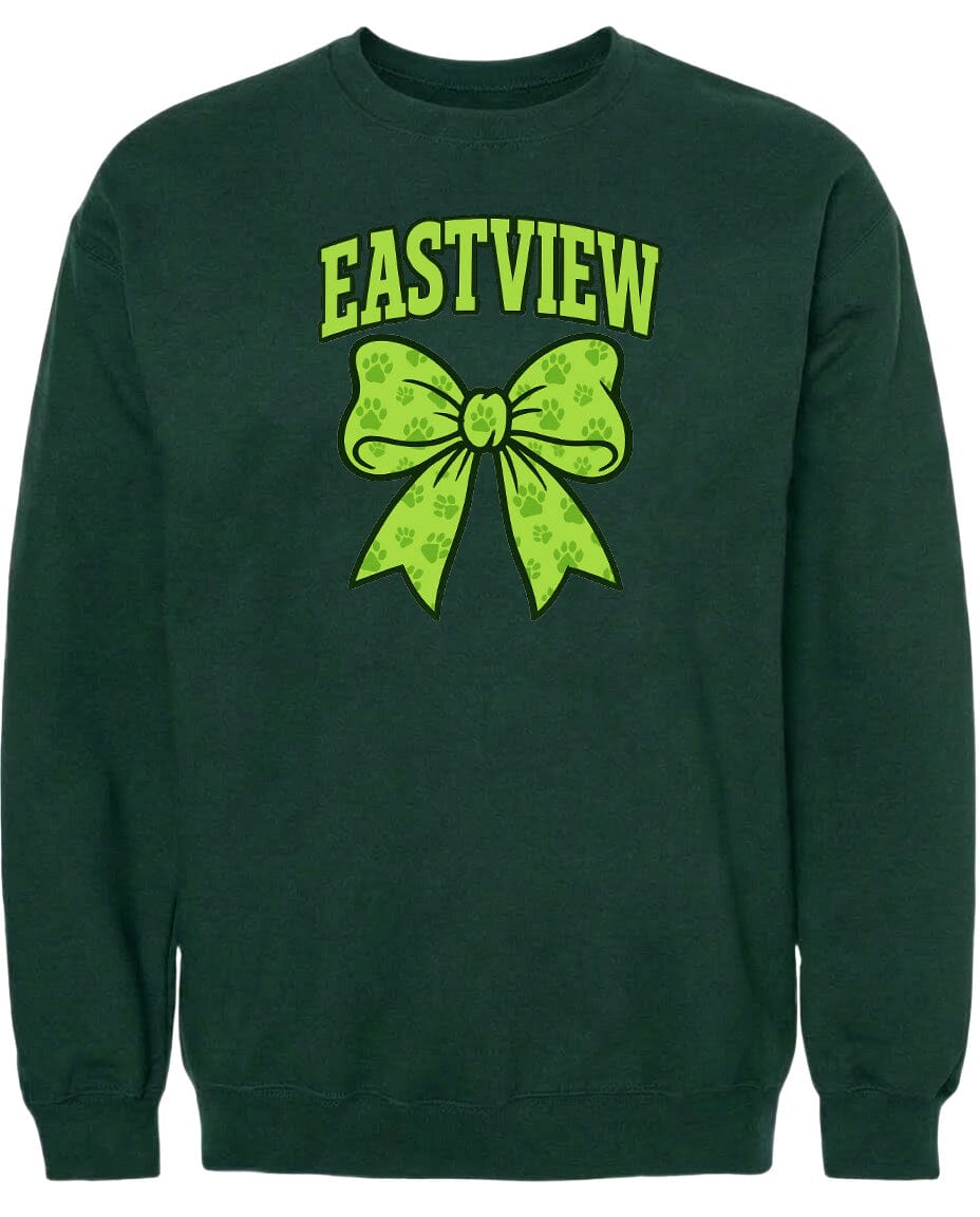 A dark green sweatshirt with a large green bow and paw prints on it.