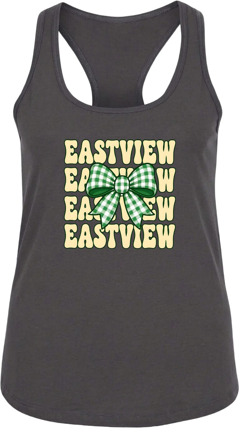 A gray tank top with a green and white bow design and the text "EASTVIEW" repeated in a vertical pattern.