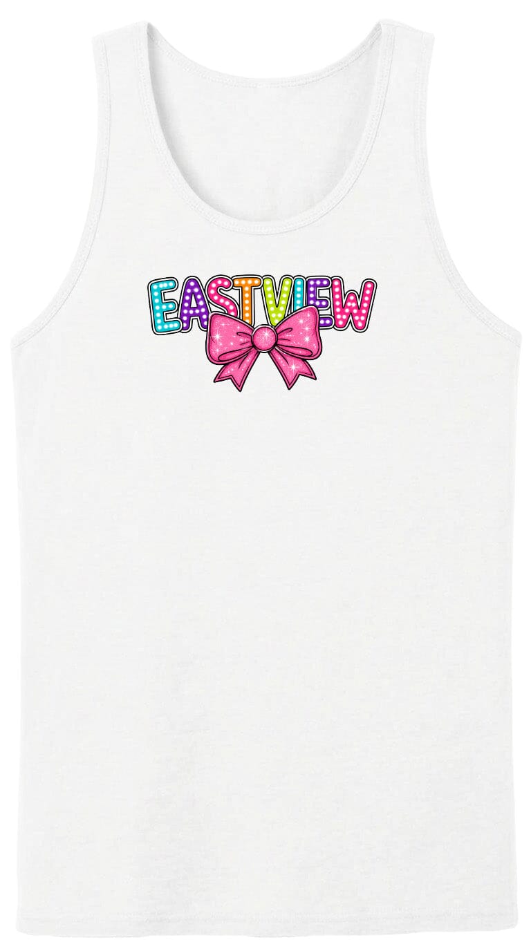 A white tank top with the word "EASTVIEW" written in colorful letters with a bow design.