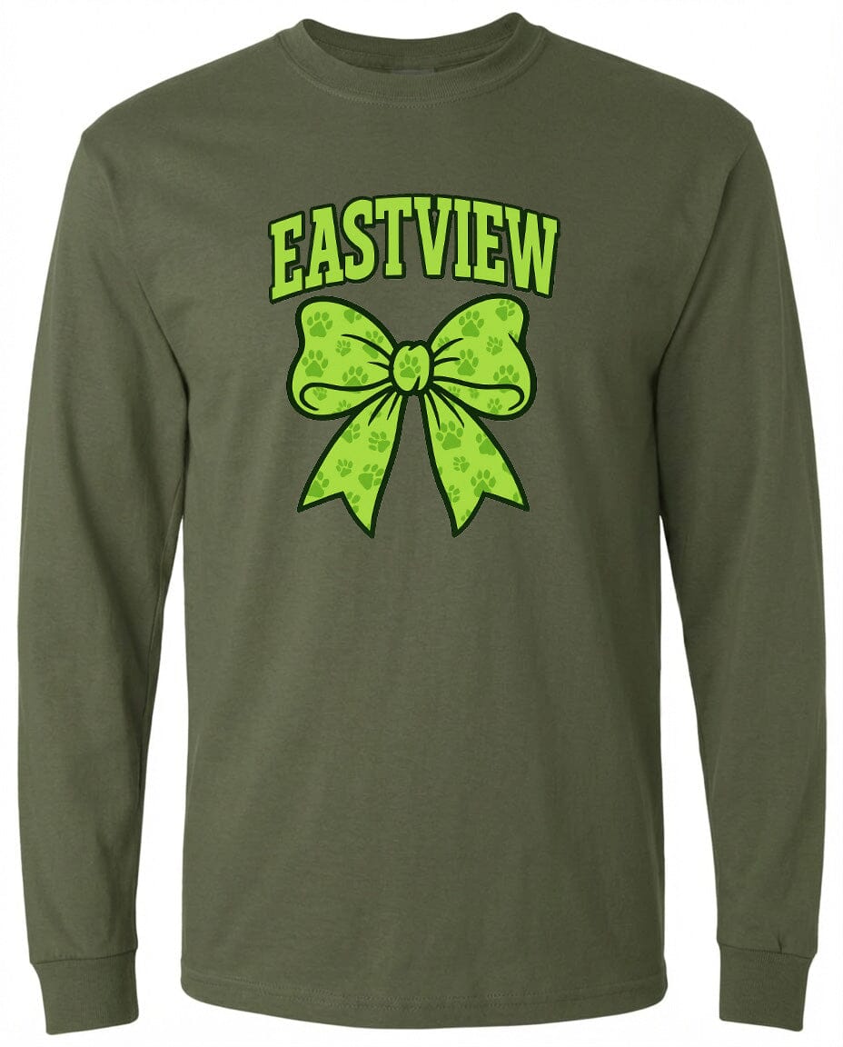 A long-sleeved olive green t-shirt with a graphic design featuring a green bow and paw prints.