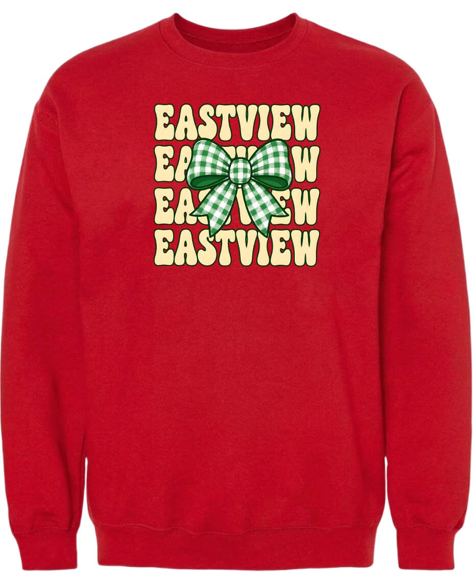 A red sweatshirt with a graphic design featuring a green and white checkered bow and the text "EASTVIEW" repeated in a vertical pattern.