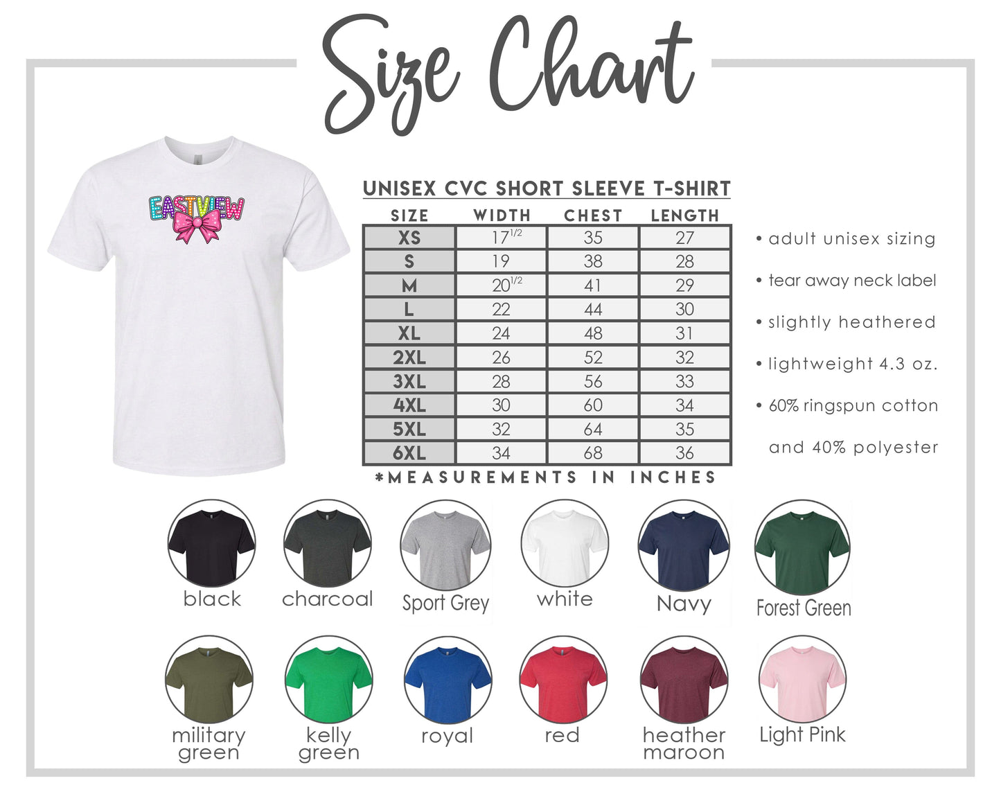 The image is a size chart for a white short sleeve t-shirt, including various color options and corresponding measurements in inches.