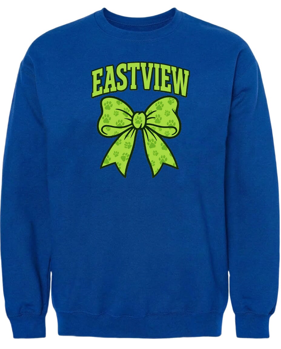 A blue sweatshirt with a yellow bow and paw prints printed on it.