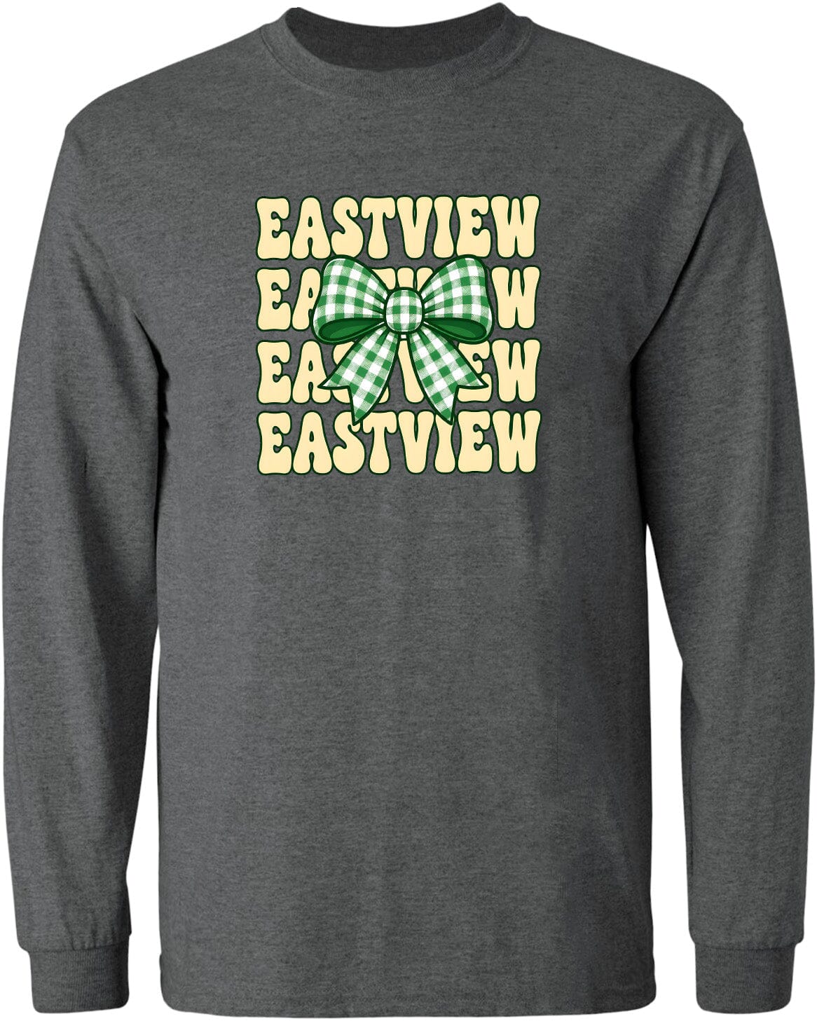 A gray long-sleeved shirt with a graphic design featuring a green and white checkered bow and the text "EASTVIEW" repeated in a vertical pattern.