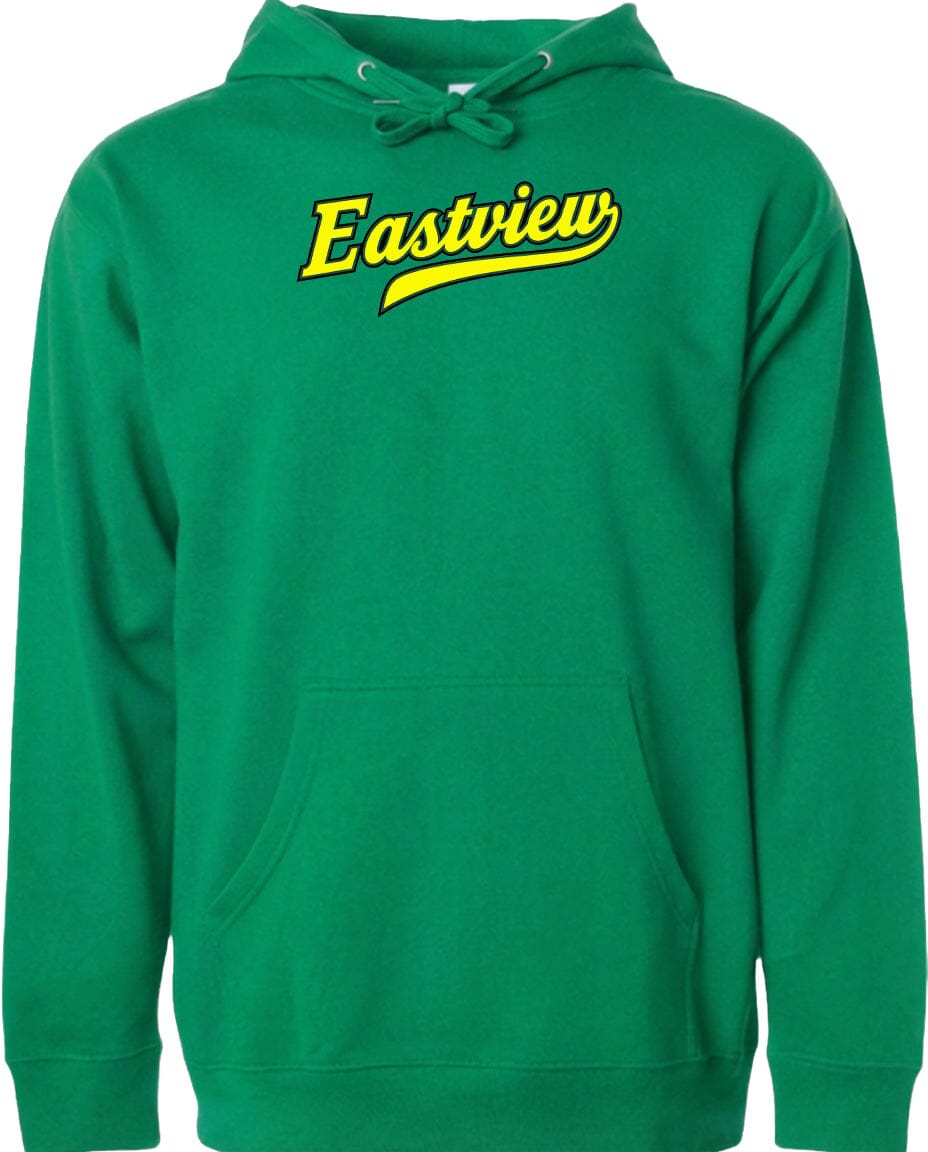 A bright green hoodie with the word "Eastview" printed on it in yellow text.