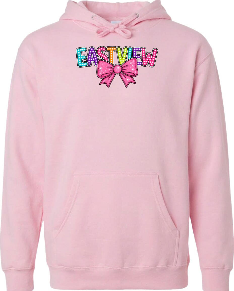 A pink hoodie with a colorful bow and the word "EASTVIEW" printed on it.