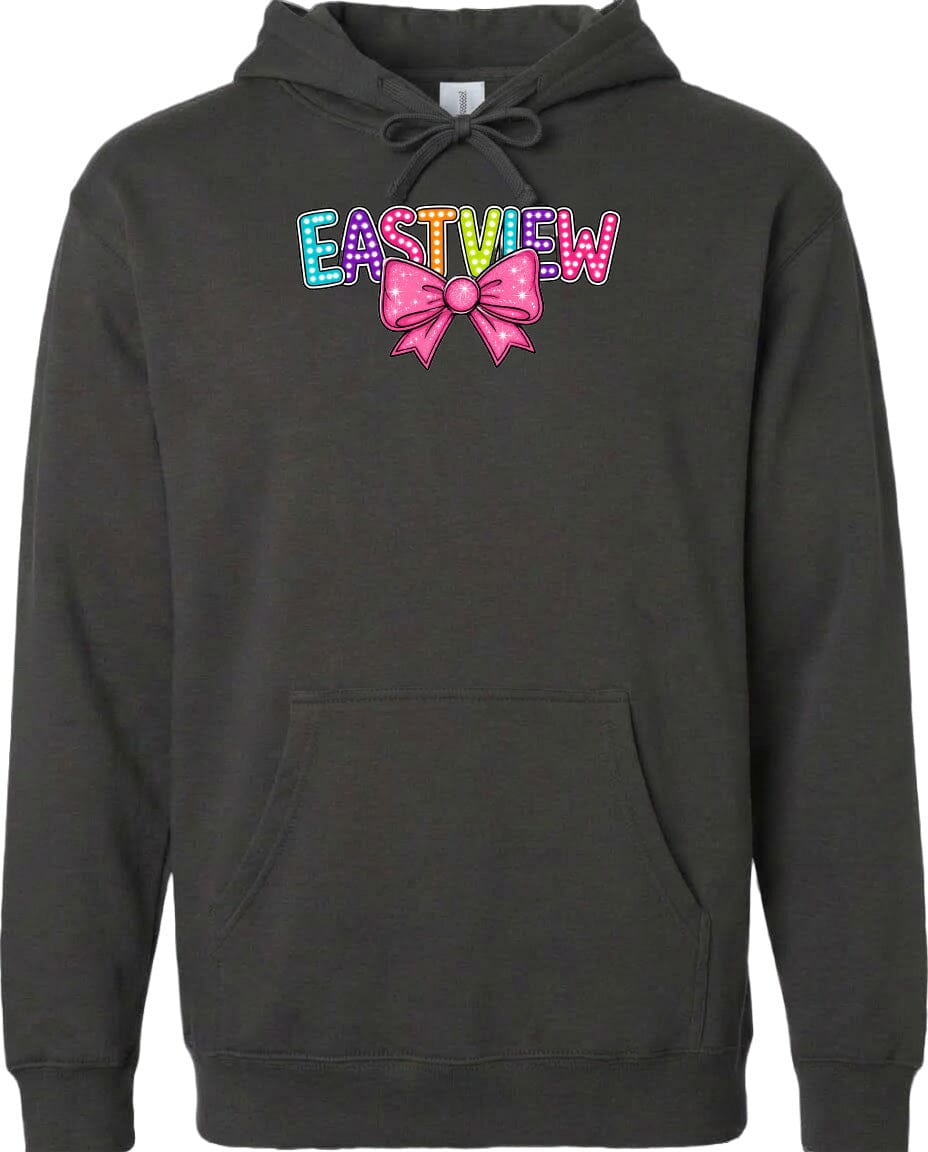 A black hoodie with a colorful bow and the word "EASTVIEW" printed on it.