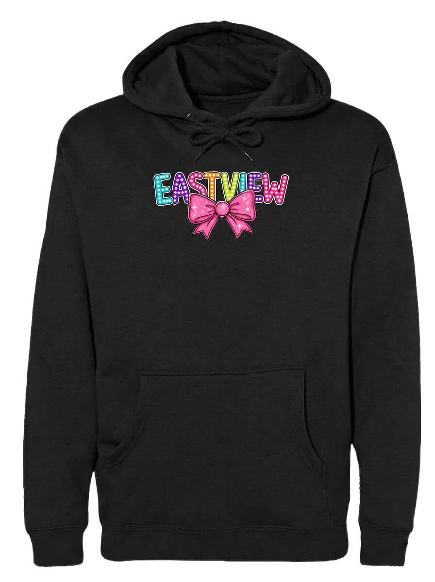 A black hoodie with the word "EASTVIEW" printed on it, along with a bow design.