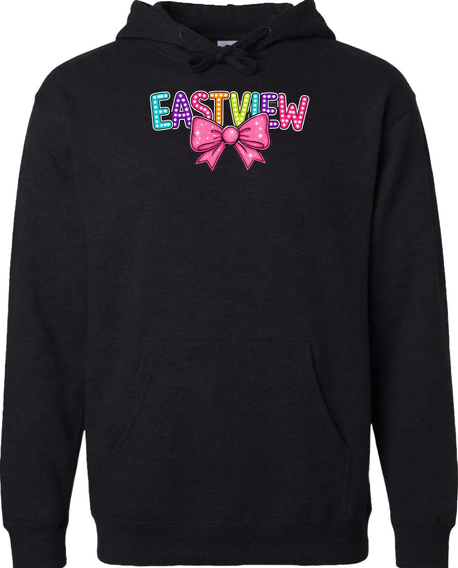 A black hoodie with a colorful bow and the word "EASTVIEW" printed on it.