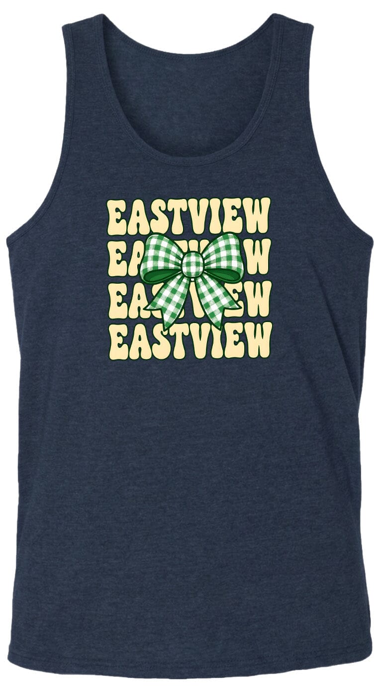 A dark blue tank top with a graphic design featuring a green and white checkered bow and the text "EASTVIEW EASTVIEW EASTVIEW" repeated in a vertical orientation.