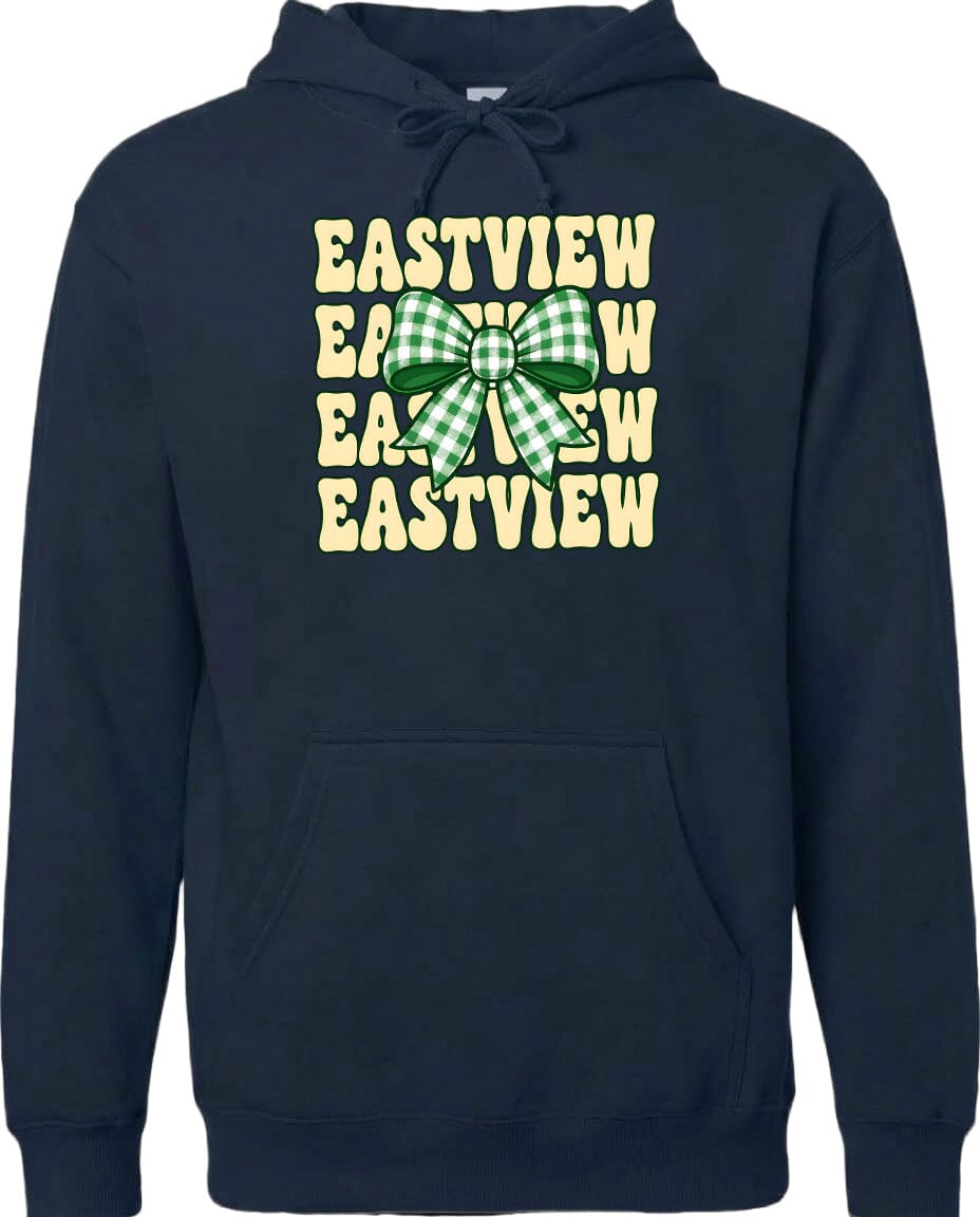 A navy blue hoodie with a graphic design featuring a green and white checkered bow on the front.