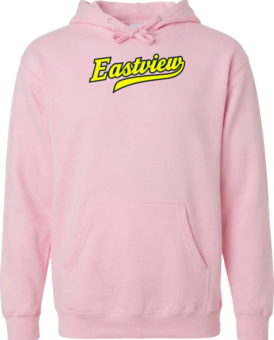 A pink hoodie with the word "Eastview" printed in yellow on the front.