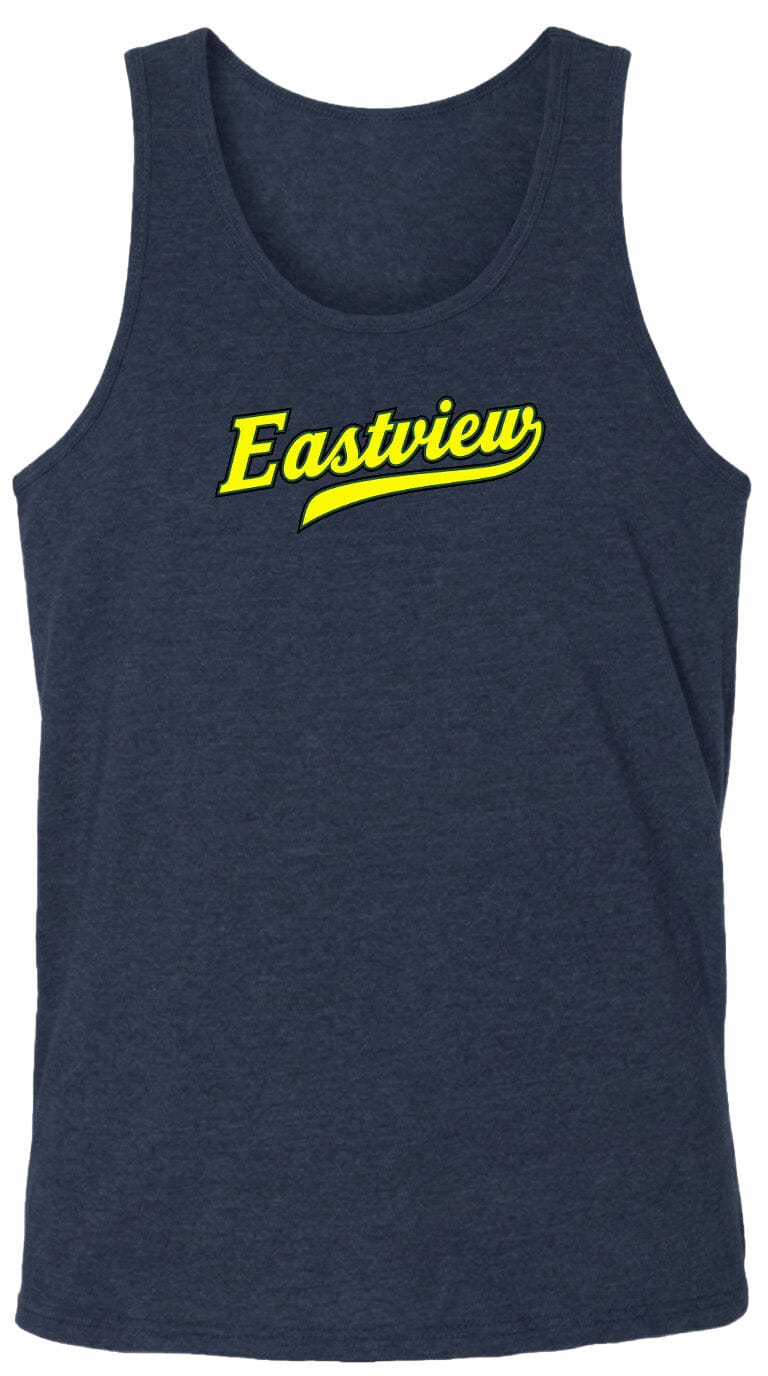 A navy blue tank top with the word "Eastview" printed in yellow on the front.