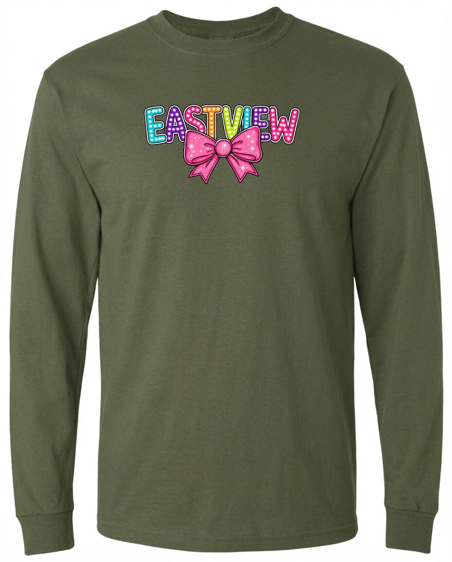 A long-sleeved olive green t-shirt with a colorful bow and the word "EASTVIEW" printed on it.