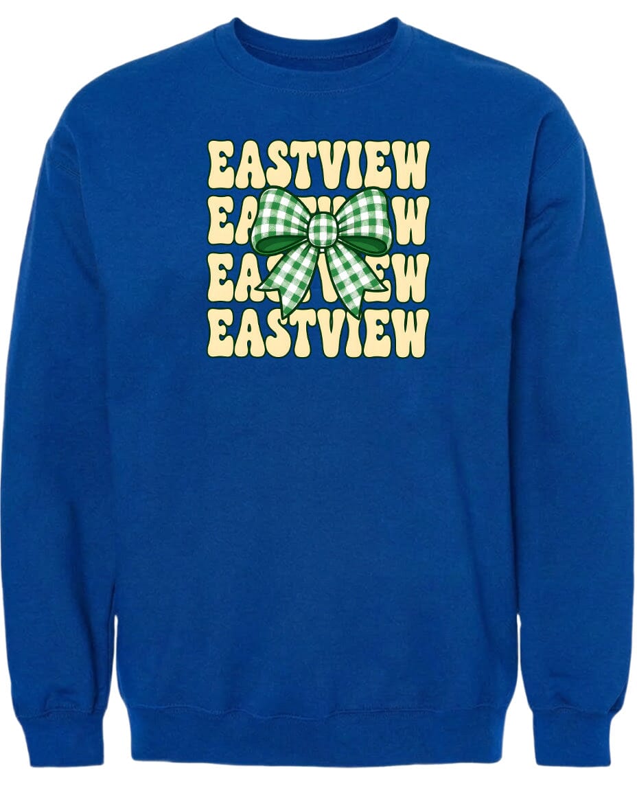 A blue sweatshirt with a graphic design featuring a green and white checkered bow on the front.