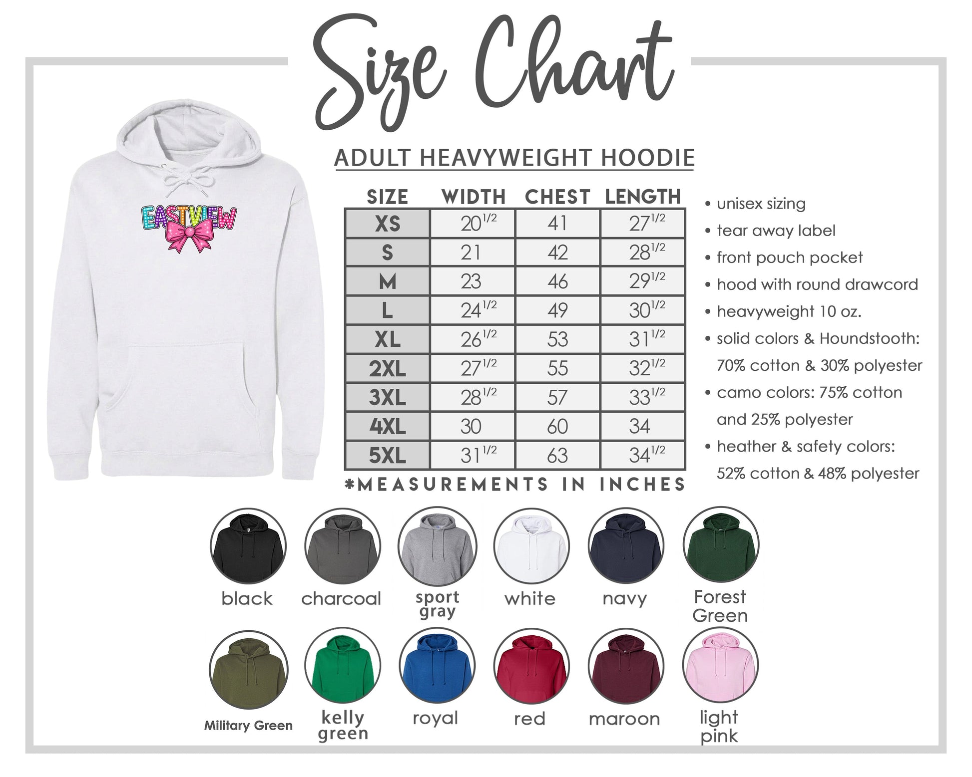 The image is a size chart for an adult heavyweight hoodie, including various color options and measurements in inches.
