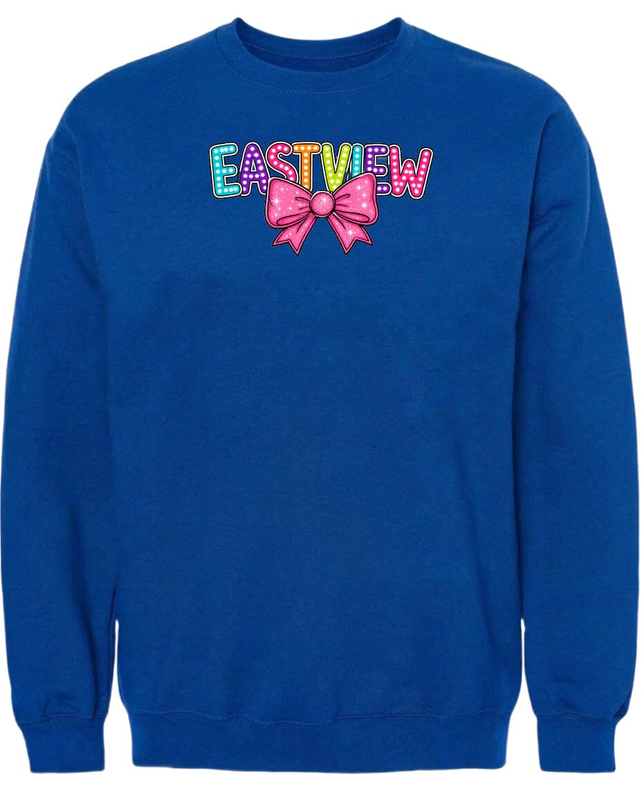 A blue sweatshirt with the word 'EASTVIEW' and a bow printed on it.