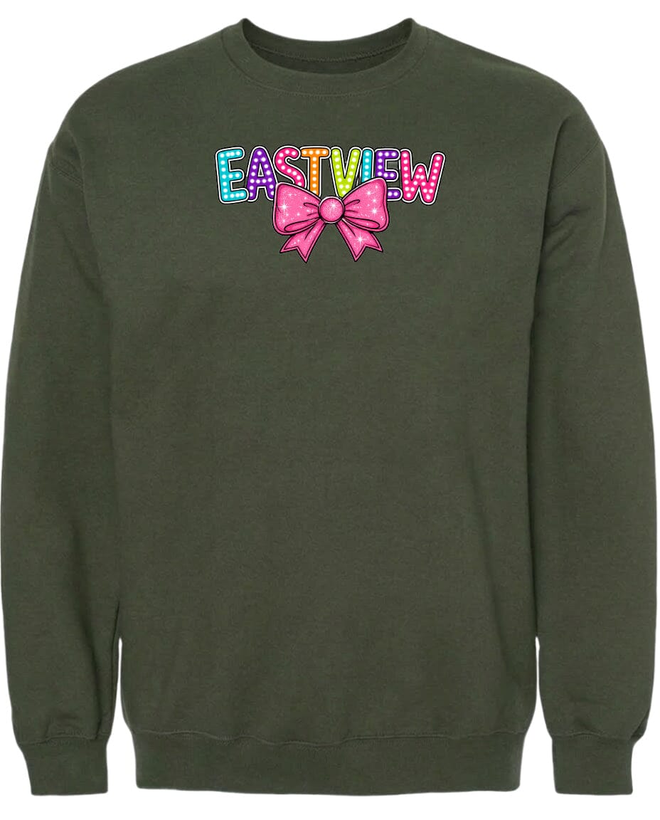 A dark green sweatshirt with a colorful bow and the word "EASTVIEW" printed on it.