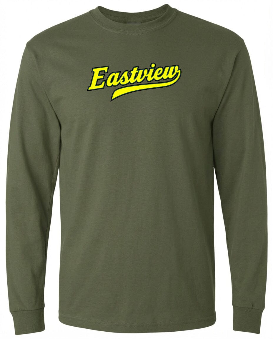 A long-sleeved olive green t-shirt with the word "Eastview" printed in yellow on the front.