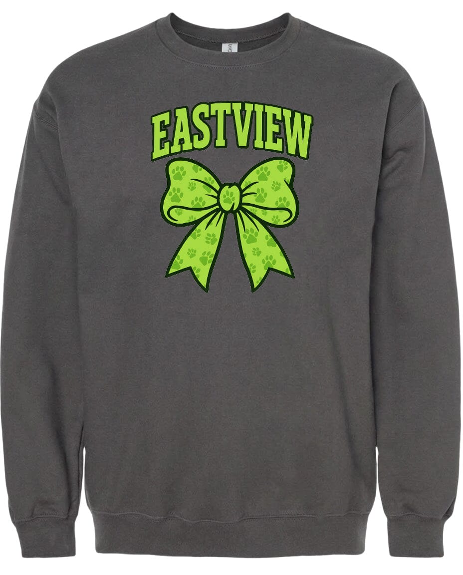 A gray sweatshirt with a large green bow and paw prints on it.