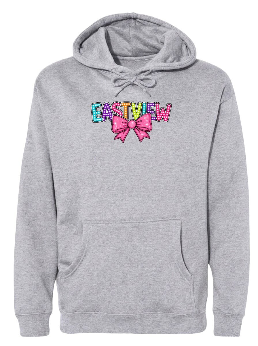 A gray hoodie with a colorful bow and the word "EASTVIEW" printed on it.