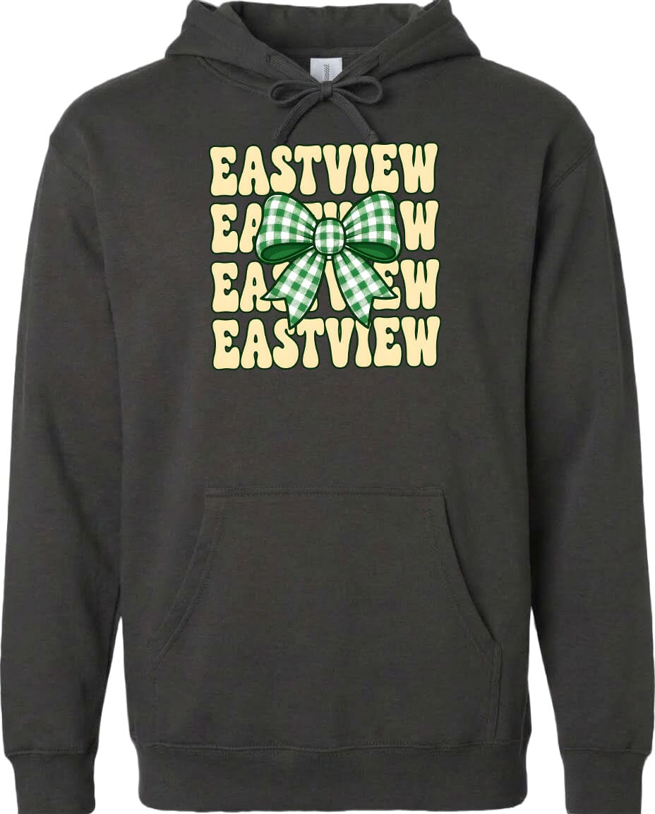 A black hoodie with a graphic design featuring a green and white checkered bow on the front.