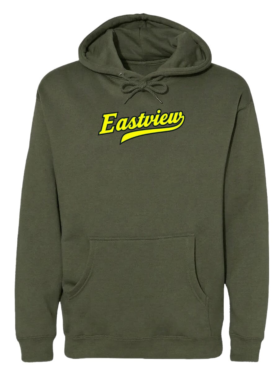 A dark green hoodie with a yellow logo on the front.