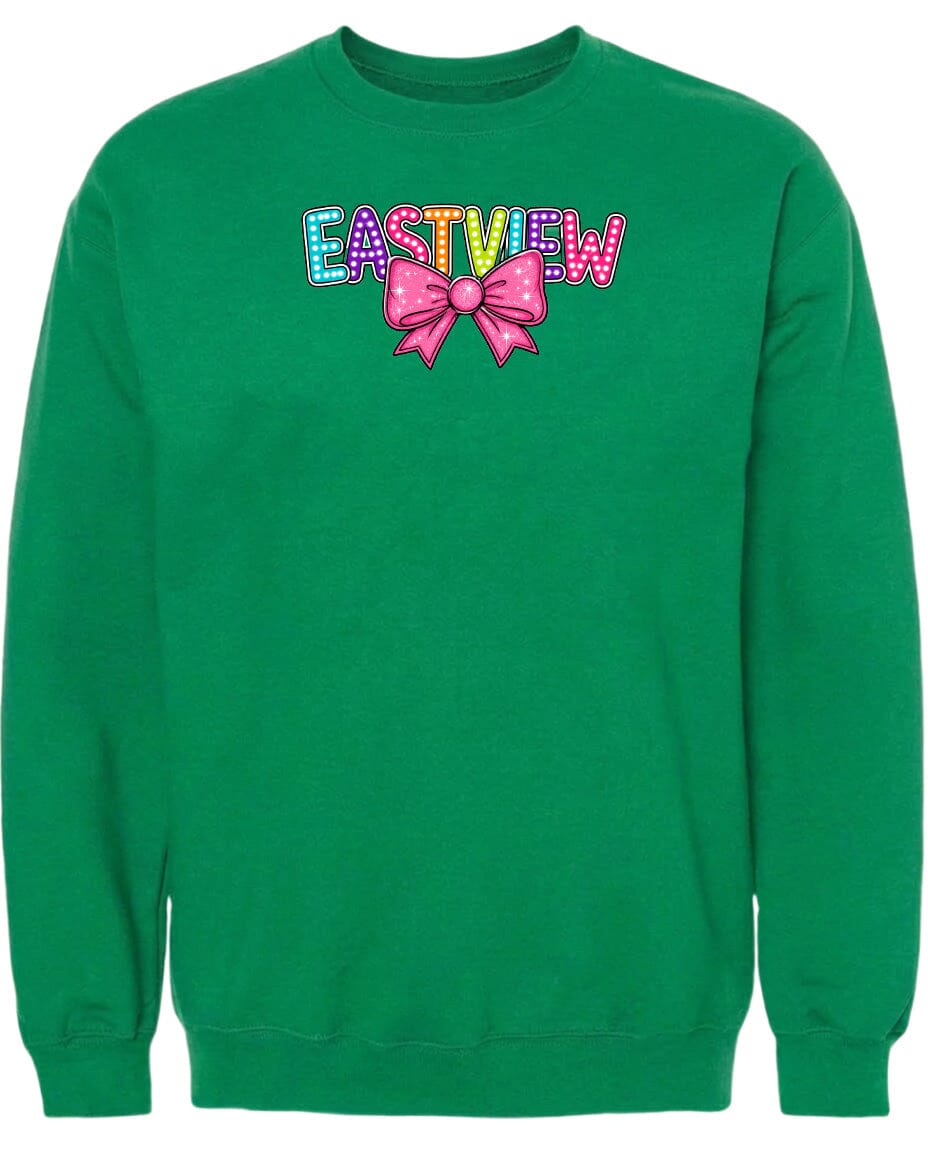 A green sweatshirt with a colorful bow and the word "EASTVIEW" printed on it.