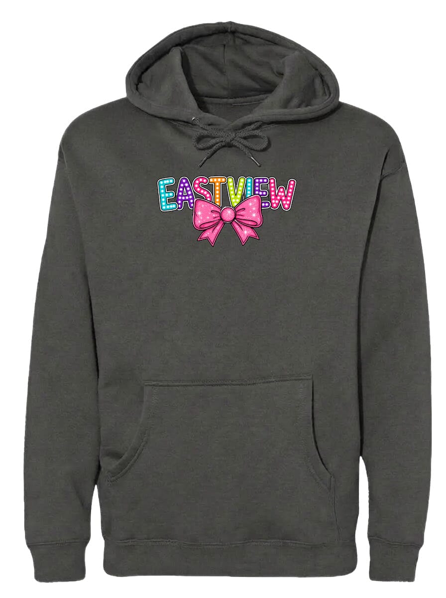 A gray hoodie with a colorful bow and the word "EASTVIEW" printed on it.