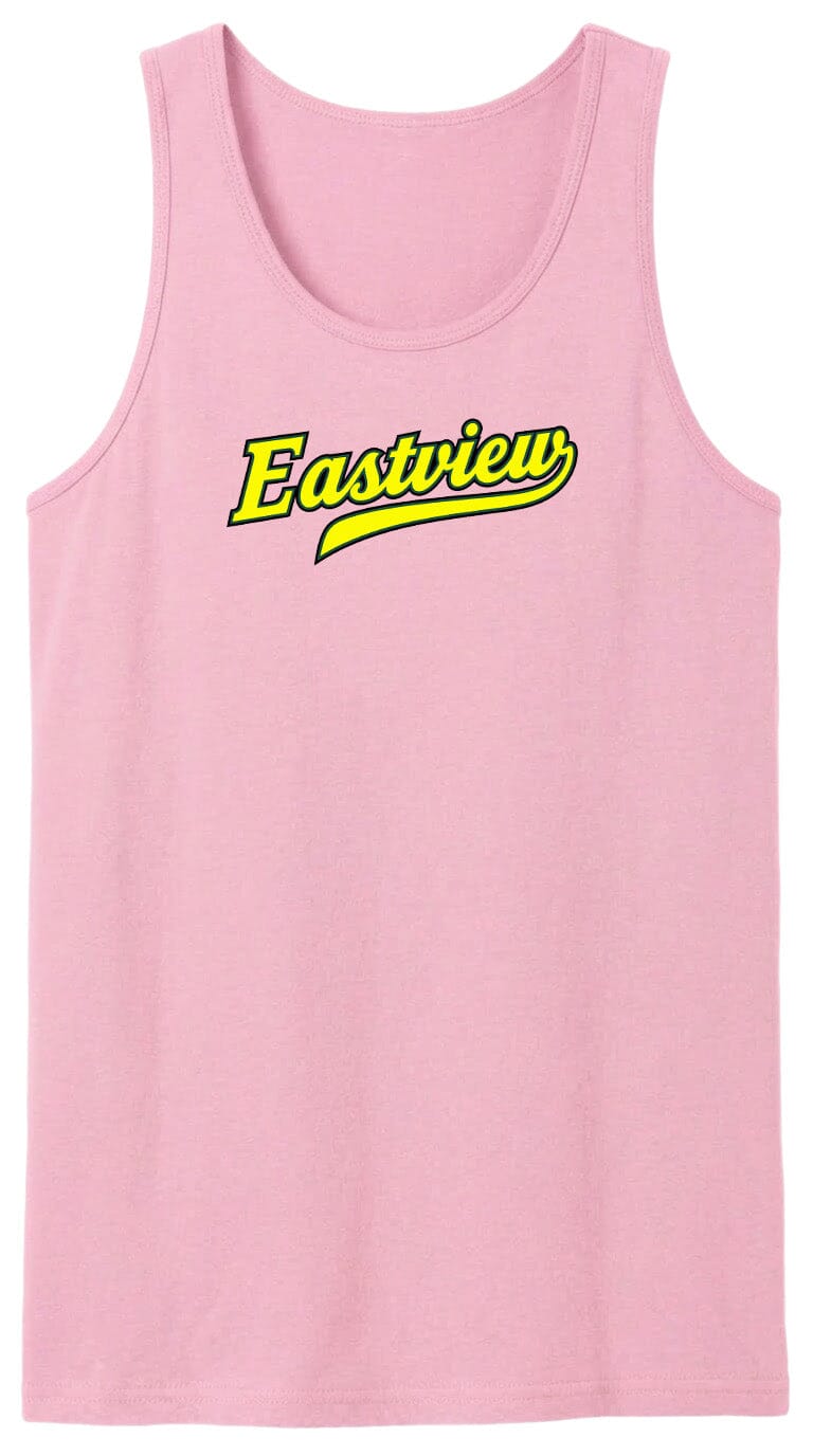 A pink tank top with the word "Eastview" printed in yellow on it.