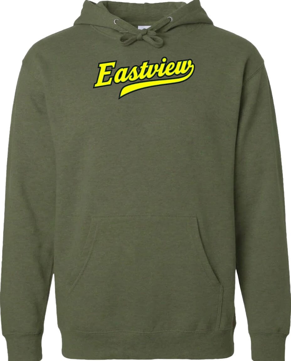 A green hoodie with a yellow text logo on the front.