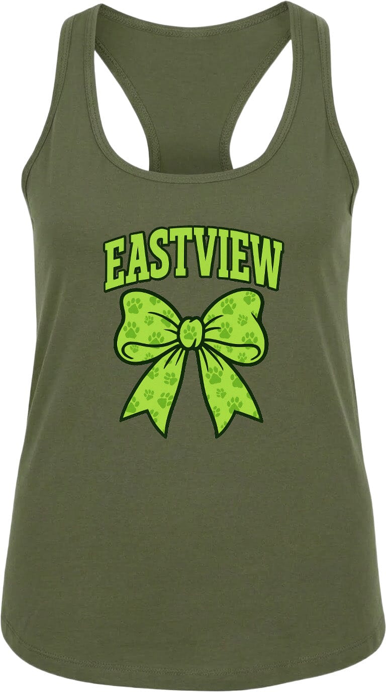 A green tank top with a bow and paw prints printed on it.
