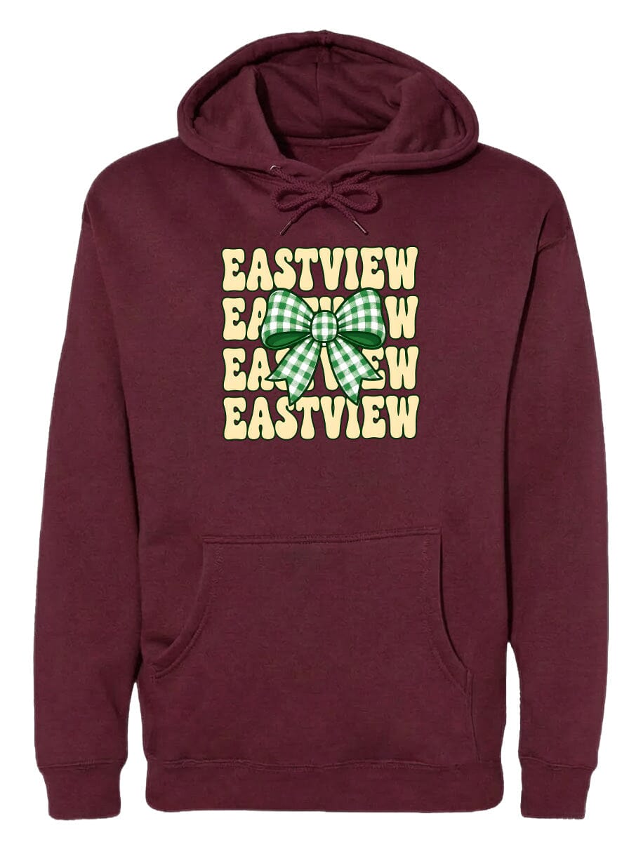 A burgundy hoodie with a graphic design featuring a green and white bow on the front.