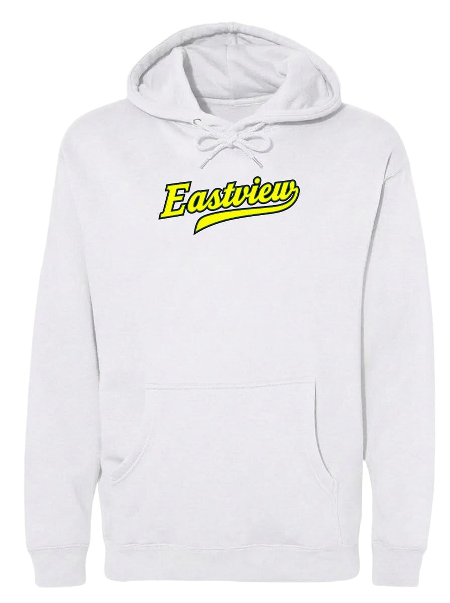 A white hoodie with the word "Eastview" printed in yellow on the front.